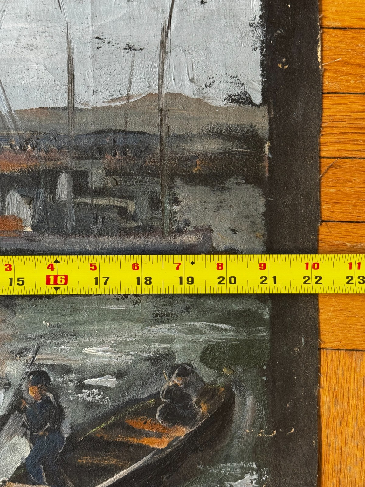 Vintage 1930’s Oil on Canvas Landscape Boats Port Docking 17×22 Jean Schweckler