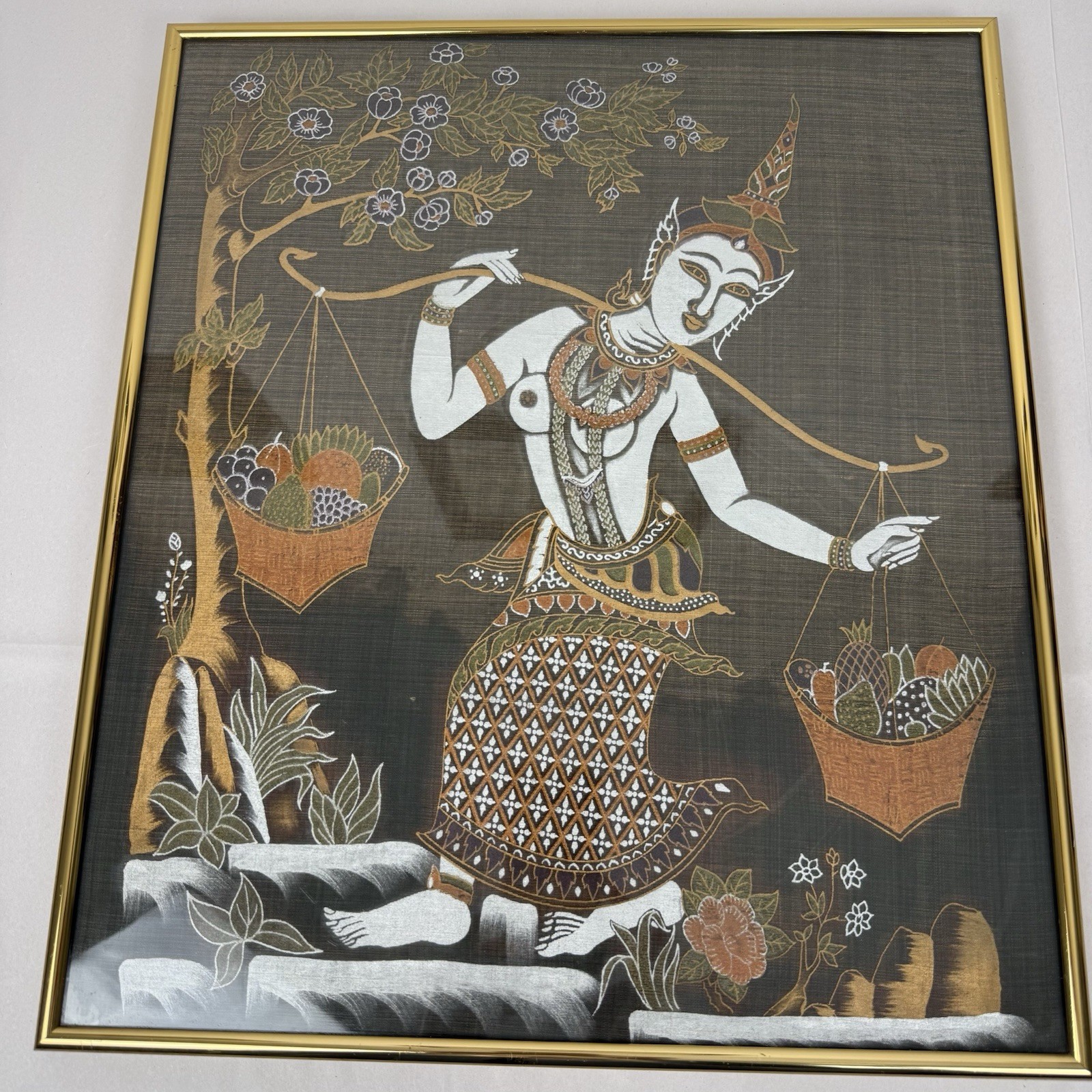 VTG Thai Silk Screen Painting Goddess Carrying Fruit Framed 18 3/4 X 16 Bangkok