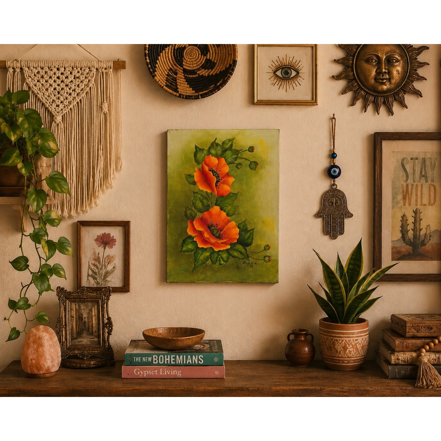 Vintage 1978 Aleka Signed Orange Poppies Oil Painting on Stretched Canvas Floral