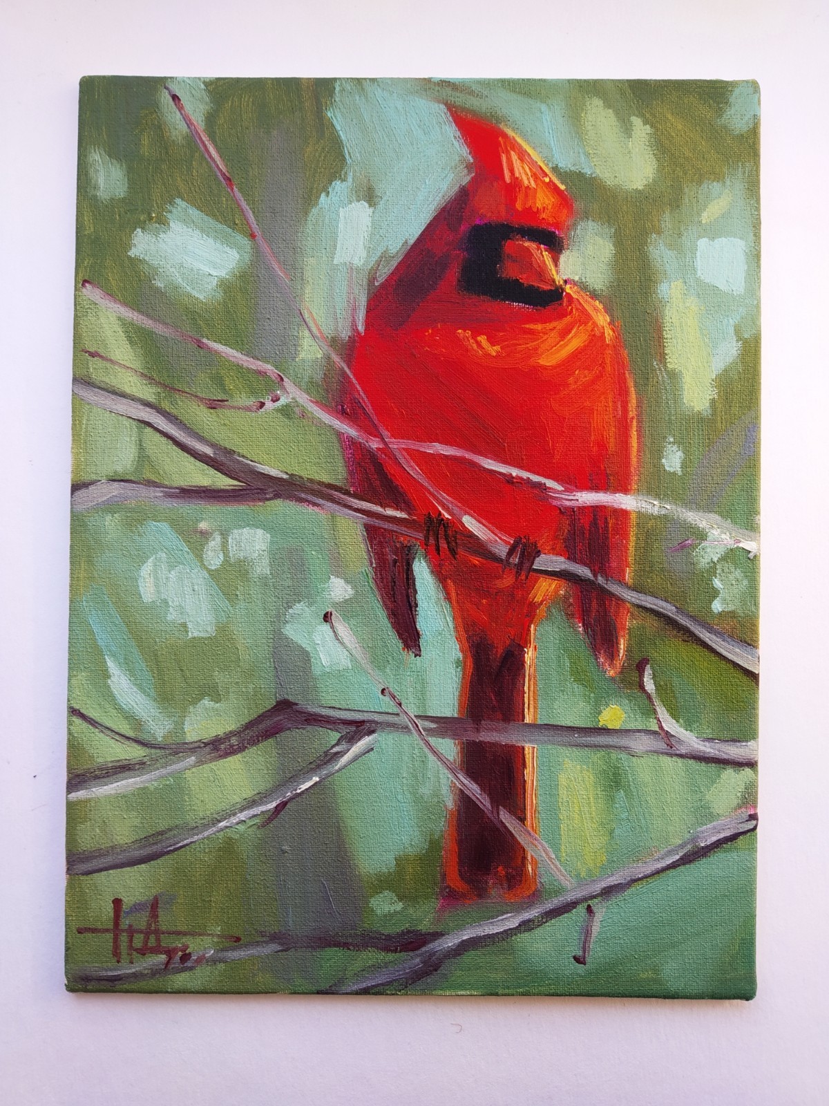 Northern Cardinal Bird Original Oil Painting on Canvas 20×15 cm