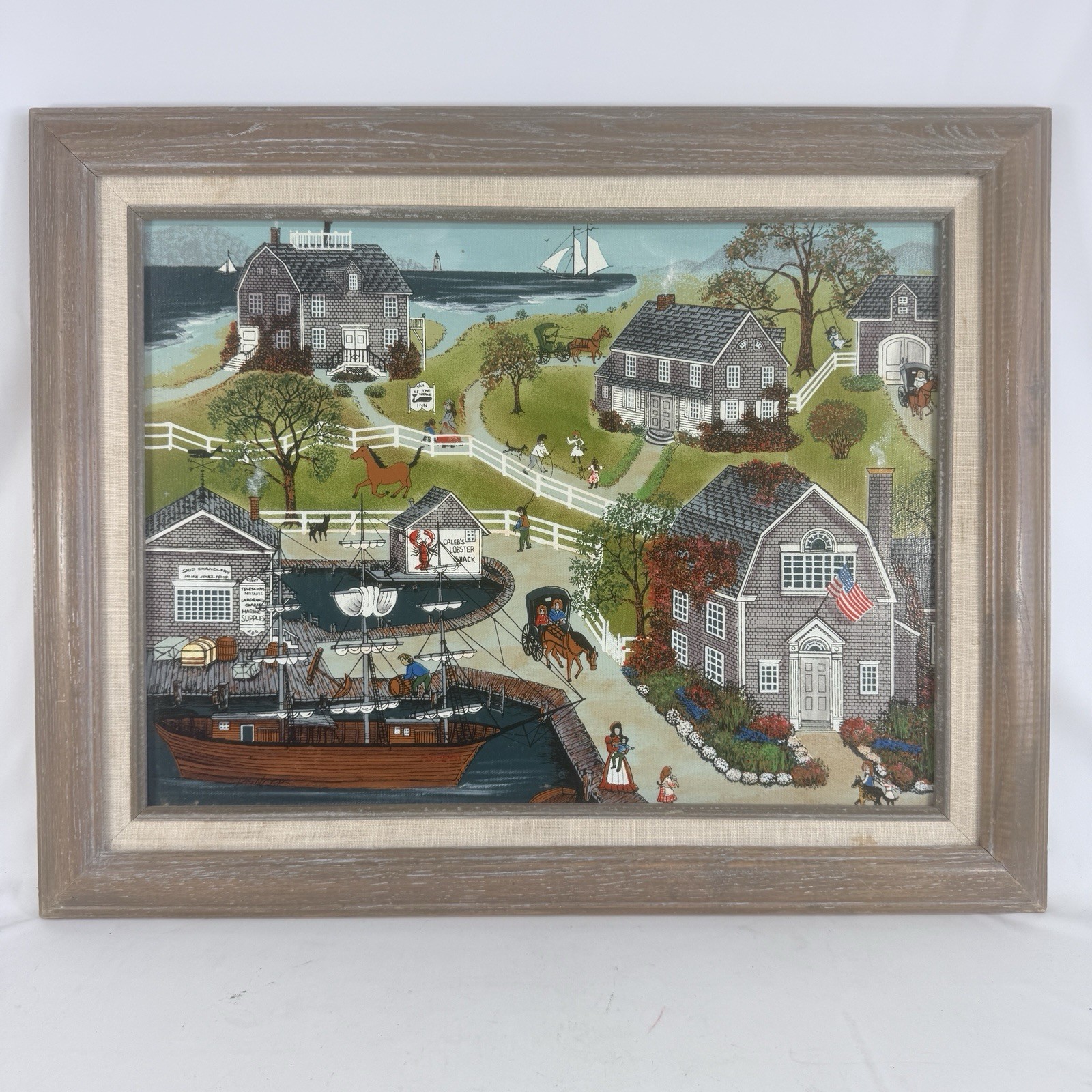 Original Signed Spencer New England Folk Art Painting Coastal Harbor Primitive