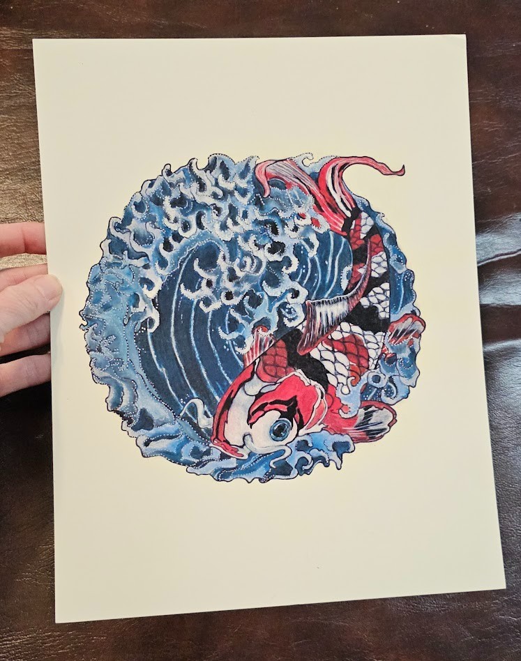 COLORFUL KOI FISH Waves Art Print on Paper signed “deni ’11” 2011