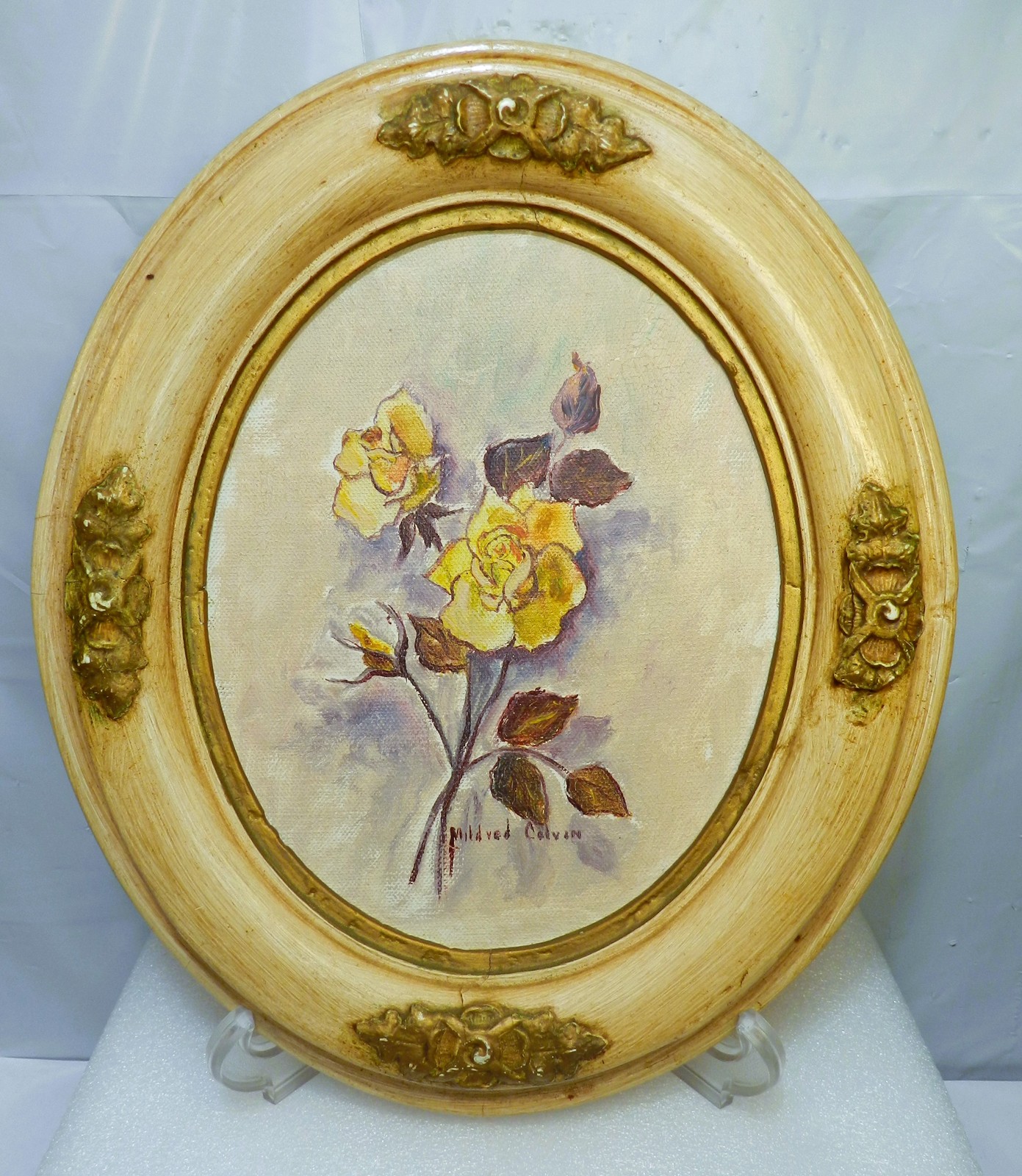 Vintage Mildred Colvin Yellow Rose Floral Painting on Canvas Oval Frame (O34S)
