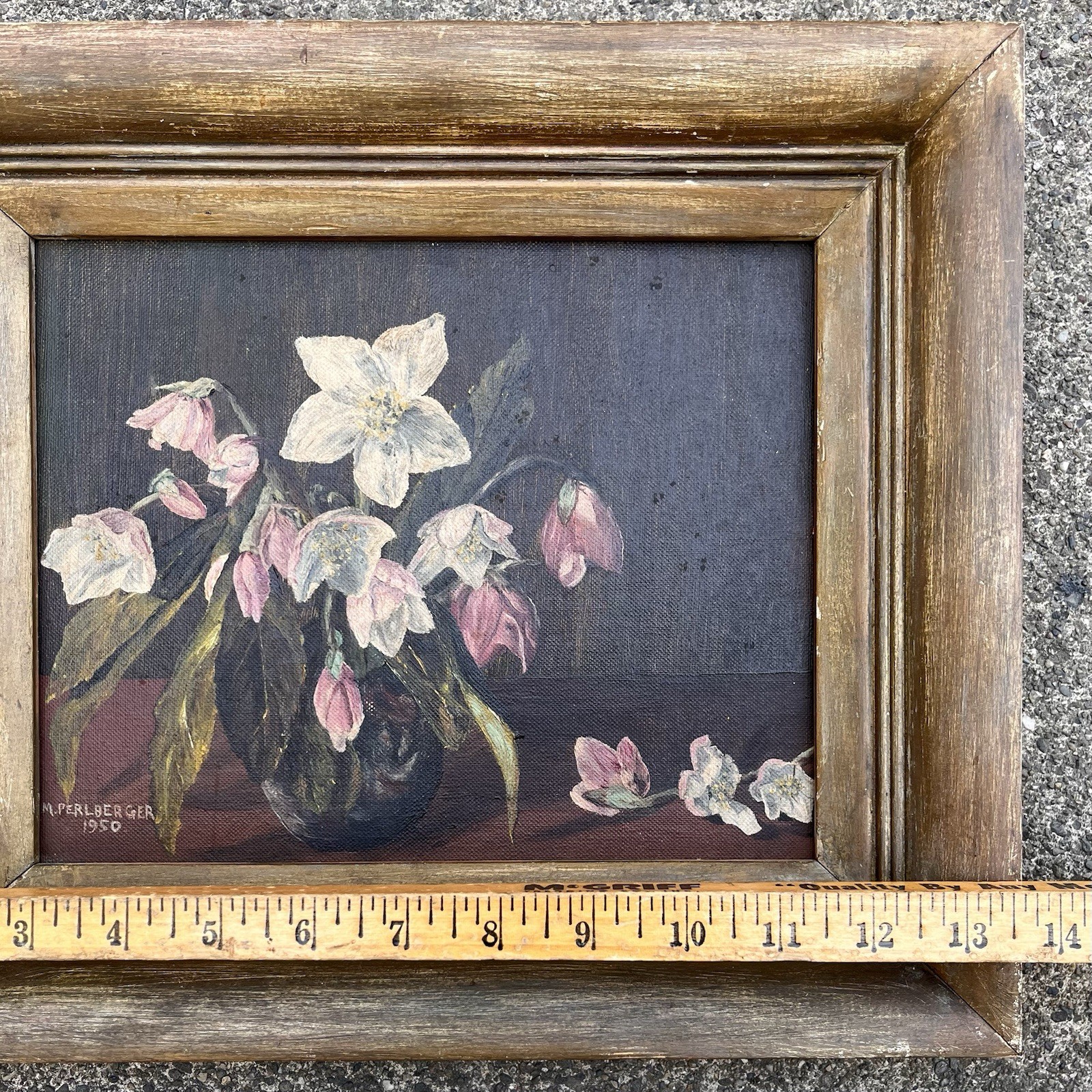 Vtg 1950 MCM Original Oil Painting Signed M. Perlberger Floral Still Life 12×14