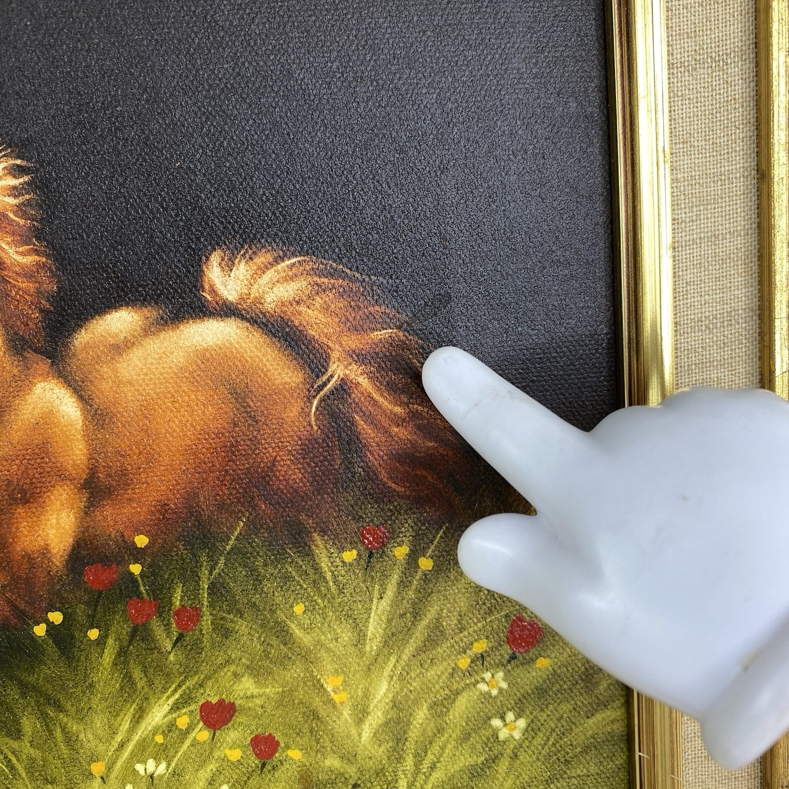 Framed Art Painting Signed Horse Pony Running in Meadow with Flowers 15″ x 13″