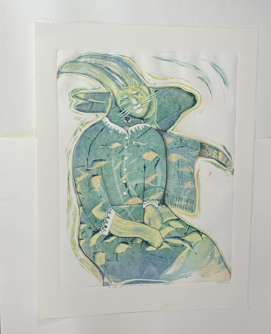Denise Kester Original Monotype Painting VTG Wolf Rabbit Spirit Animal Oregon