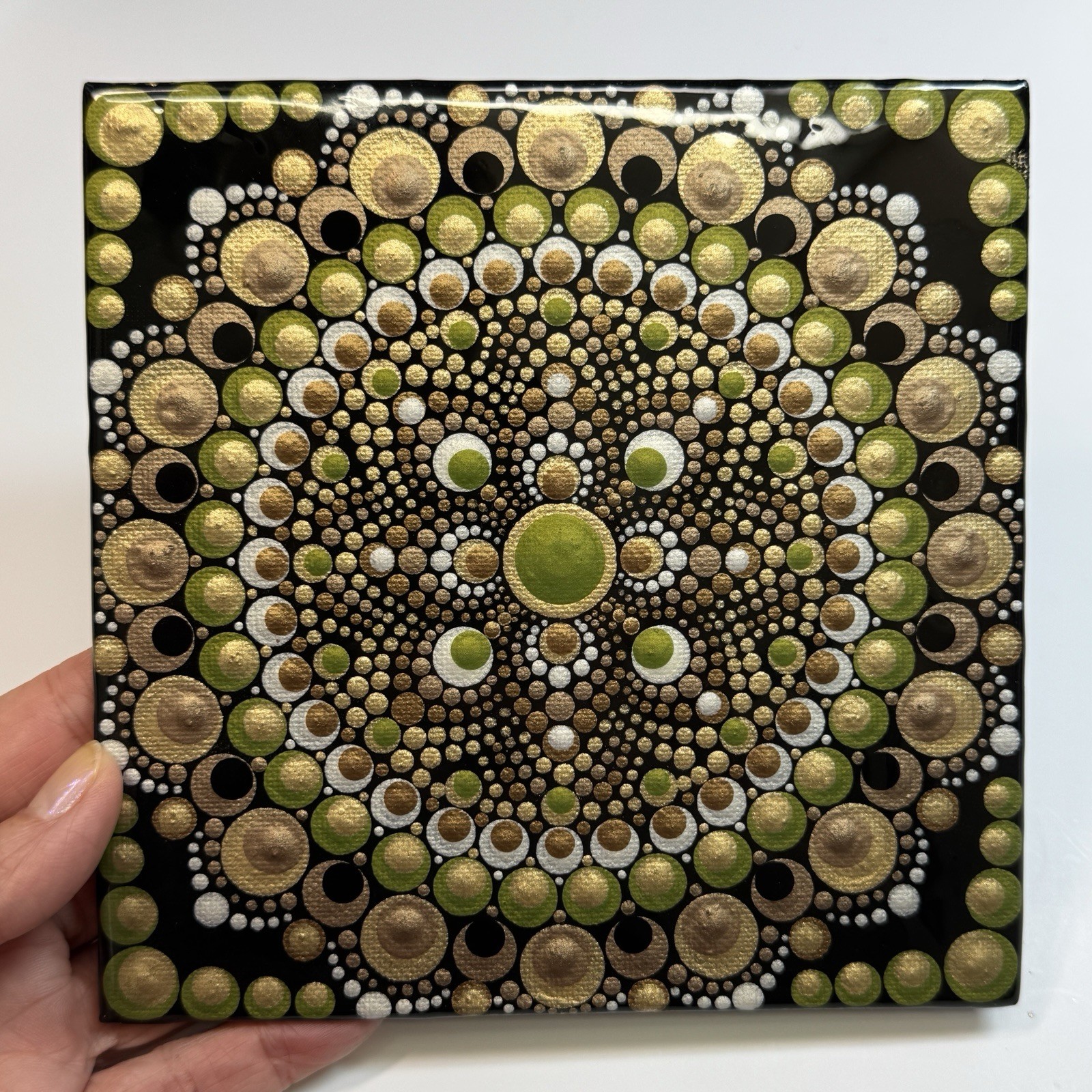 6” Earthy Green Mandala Canvas Painting – By JaDeL
