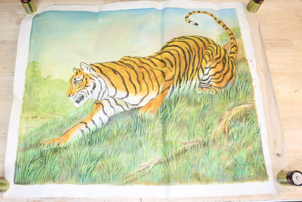 Used Vintage Original Asian Style 27×21″ Unmarked Oil & Canvas Painting – USA