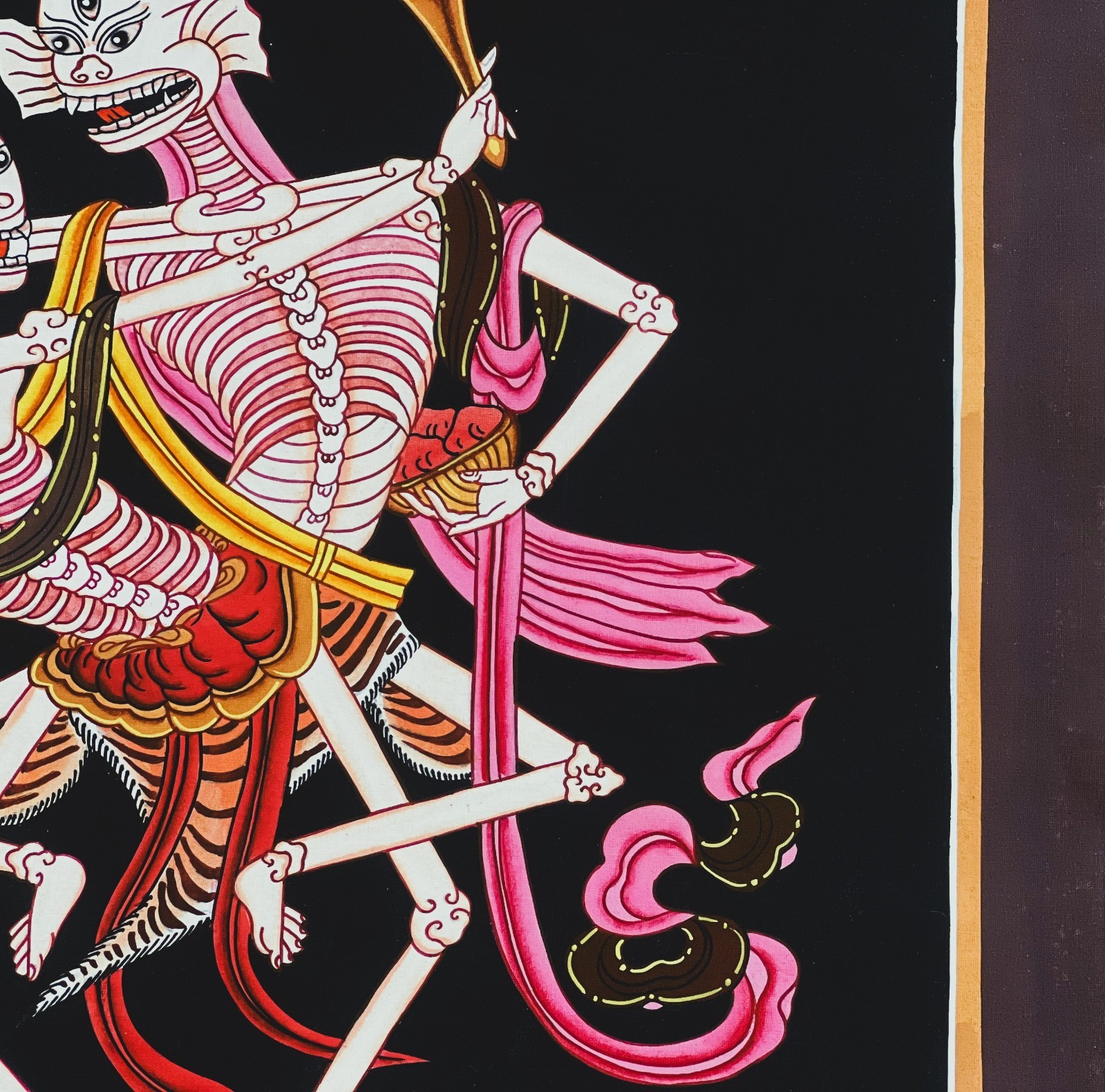 CITIPATI DANCING SKELETONS HAND-PAINTED TIBETAN THANGKA ART WITH SILK BROCADE