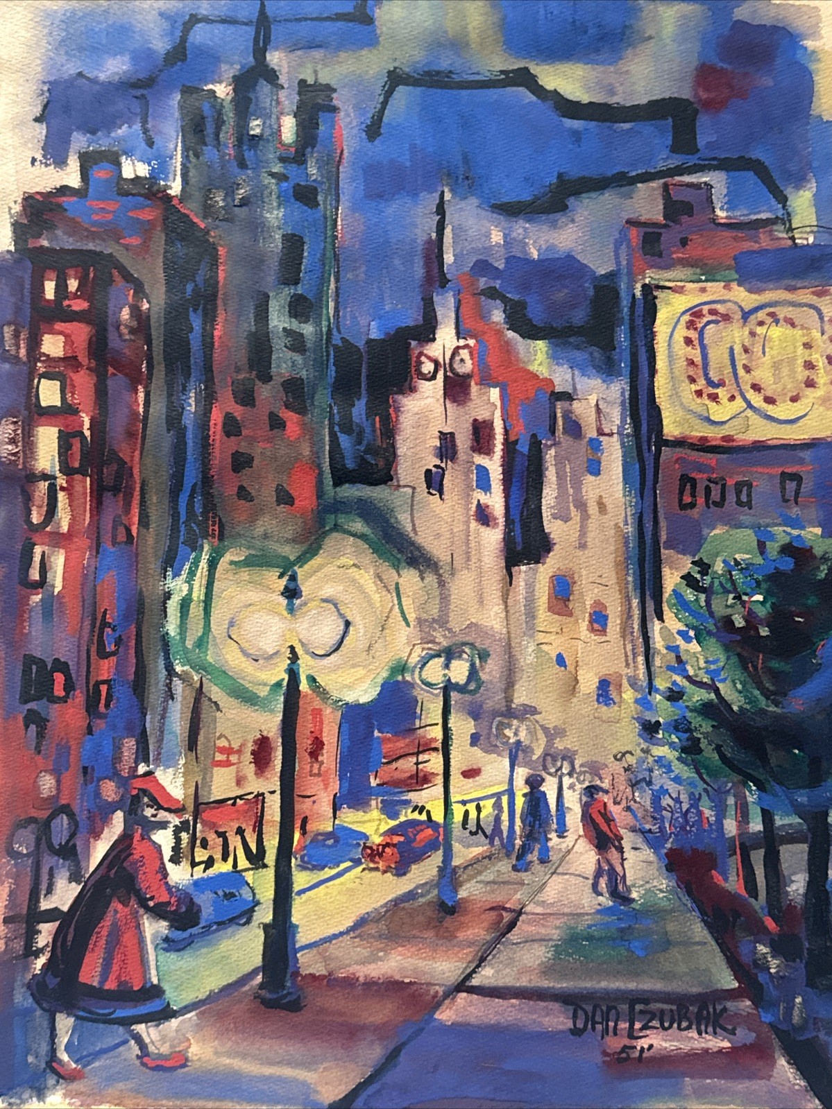 Antique MID CENTURY Painting American DAN CZUBAK FAMOUS NIGHT CITY FAMOUS LISTED