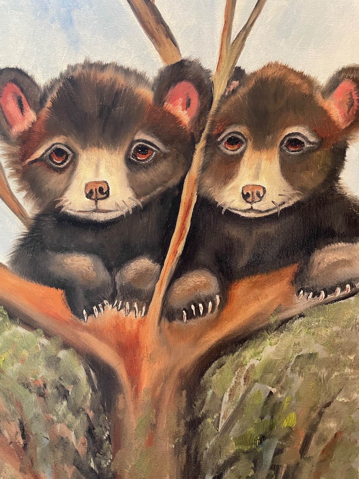Original oil painting signed 11 x 14 in Bear cubs in a tree
