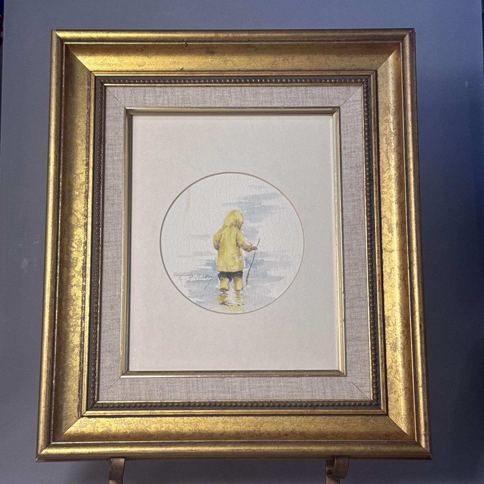 Candy Tanguay Original Painting Child In Yellow Raincoat Watercolor Signed 14×15