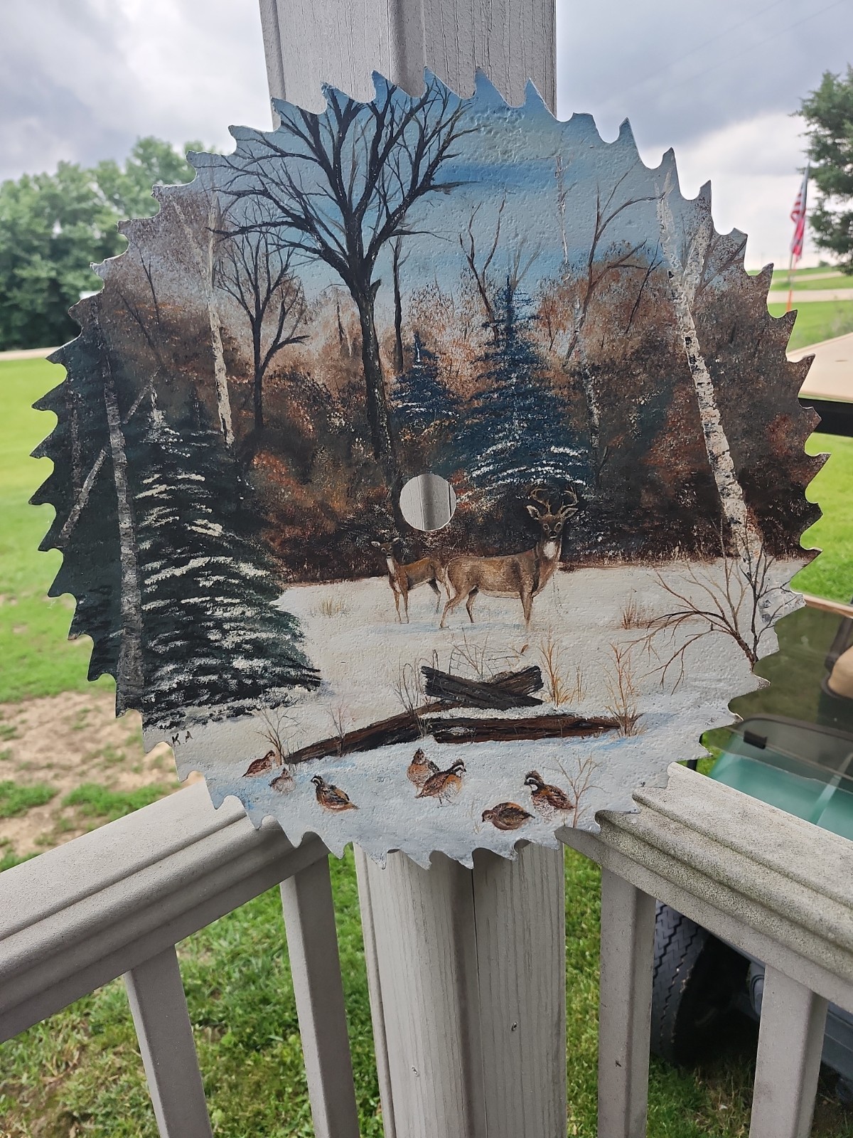 Large 19.5″ Round Hand Painted Artist Signed Metal Saw Blade;NATURE SCENE!!!!