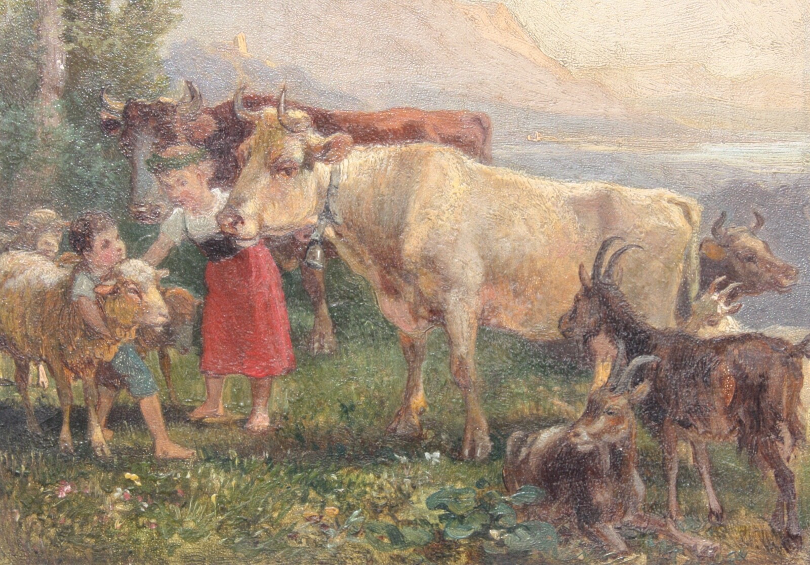 Children with Cows & Sheep in an Idyllic Mountain Landscape, Painting, 19th century