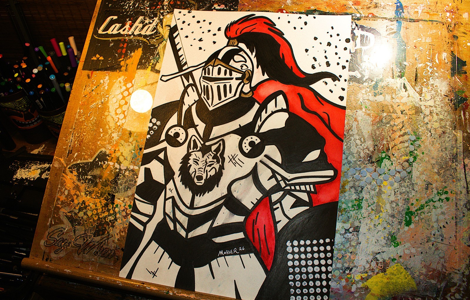 outsider art paintings original “Hard Days Knight” 12×18 ink and watercolor