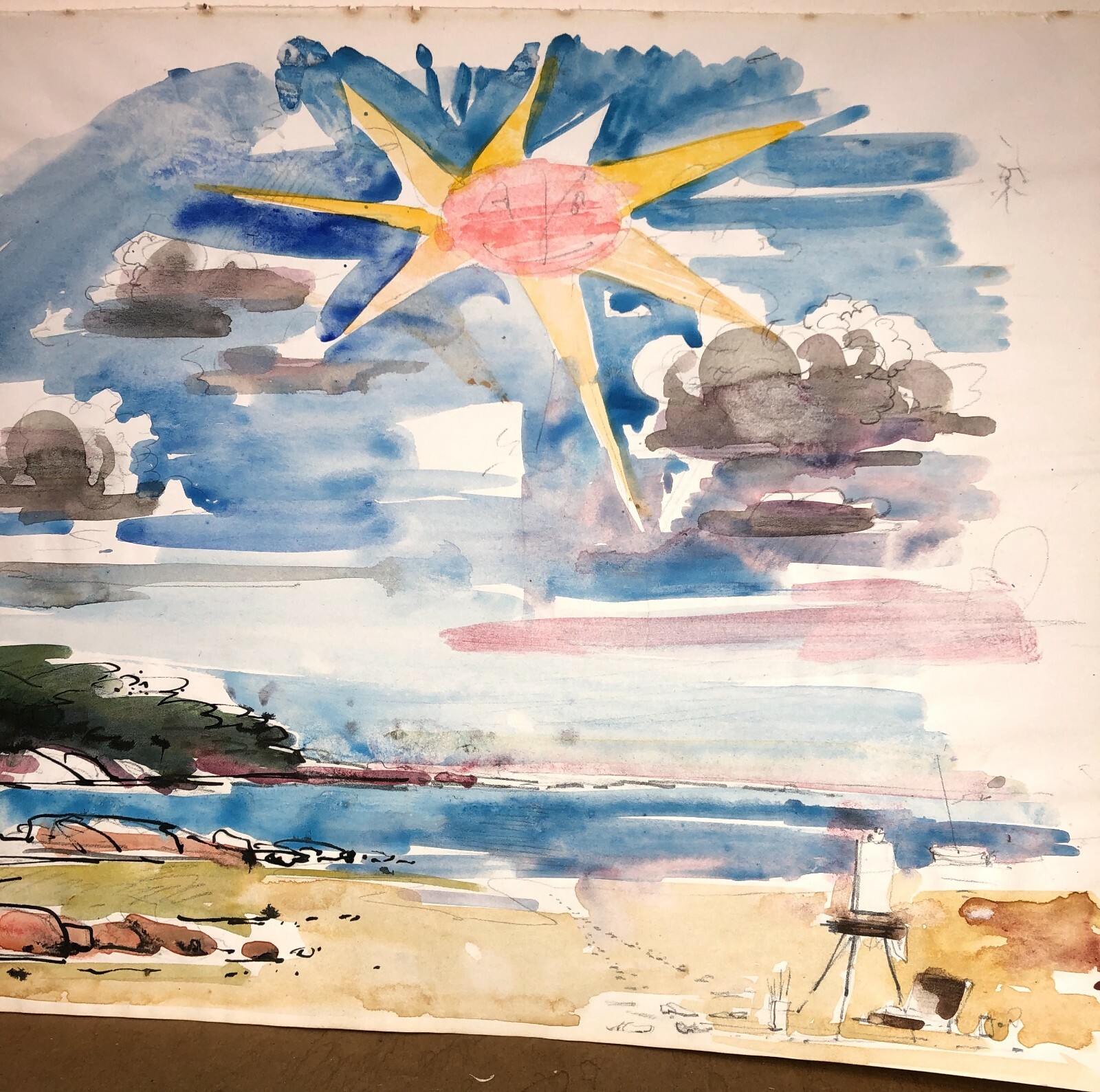 Artist Easel on Beach under Sunburst Sky W/C Slightly Surreal-1960s-Adolf Konrad