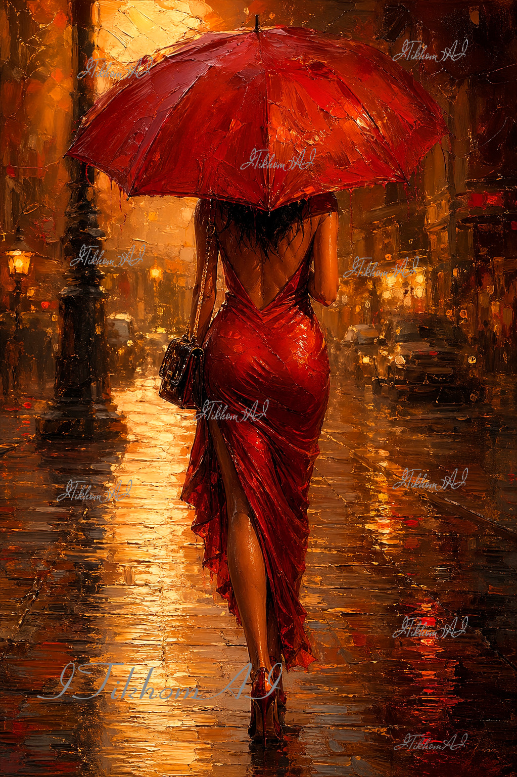 Digital Art Painting Cityscape Houses Women Cars Rain Wallpaper Decor Desktop