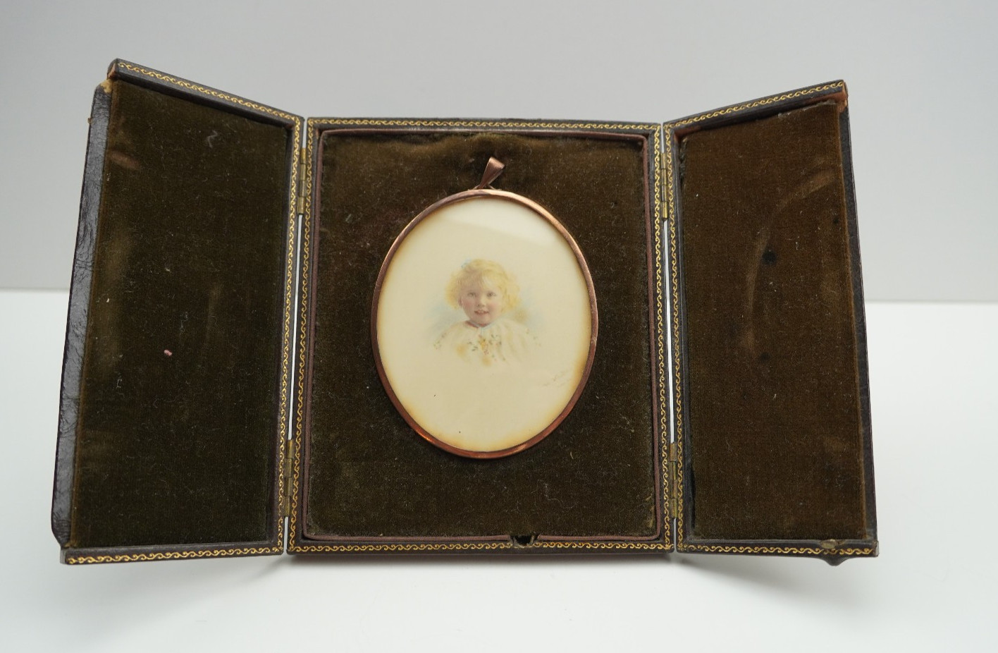 Antique Painting Miniature Portrait Child Girl Leather Triptych Case Signed