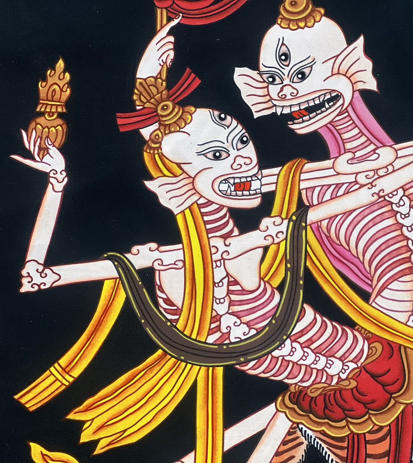 CITIPATI DANCING SKELETONS HAND-PAINTED TIBETAN THANGKA ART WITH SILK BROCADE