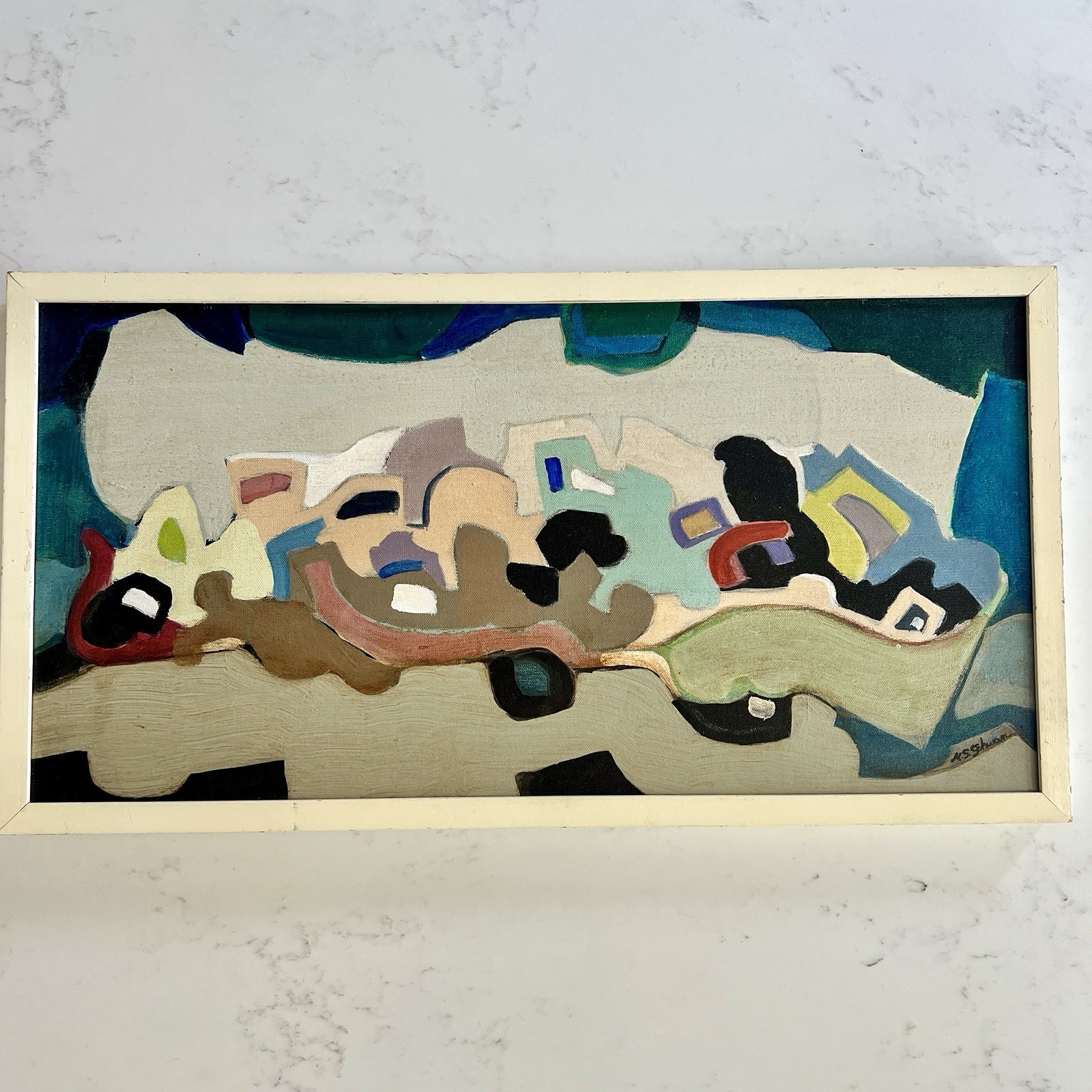 Marcia Schwan Midcentury Painting Abstract Composition Vtg MCM Acrylic On Canvas