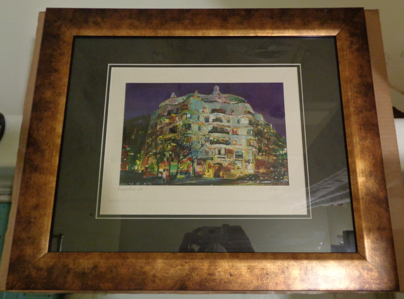 2007 “Barcelona” Impressionist Painting by Vargas of Gaudi’s Casa Mila at Night
