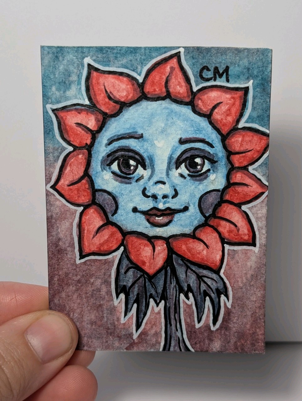 Original ACEO Whimsical Red Flower Face Watercolor Hand Painted Thick Art By CM