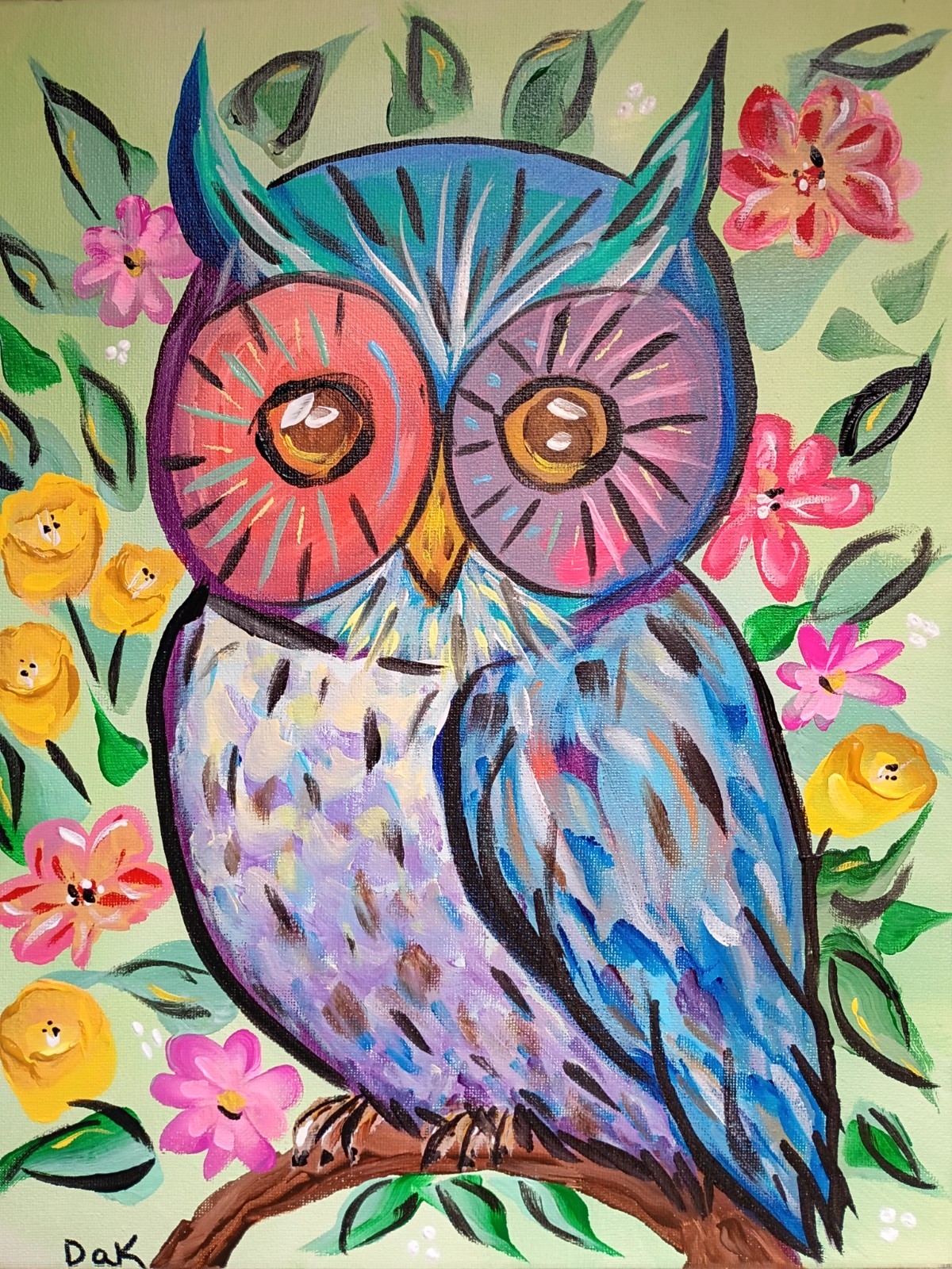 Floral Owl 11×14 Canvas Original Art Expressionism Abstract Night Bird For Kids