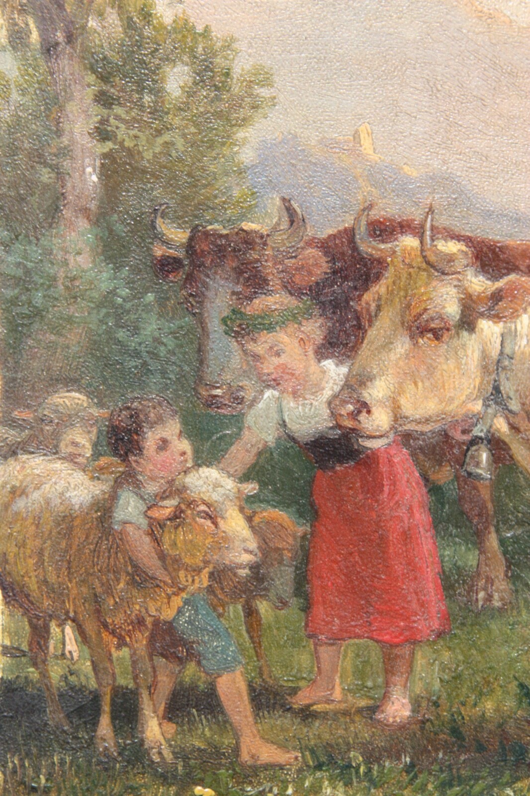 Children with Cows & Sheep in an Idyllic Mountain Landscape, Painting, 19th century