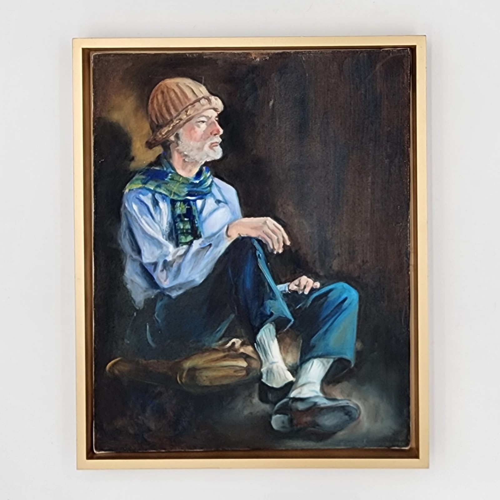 Original Oil Painting Portrait Seated Older Man Blue Scarf & Brown Knit Cap Art