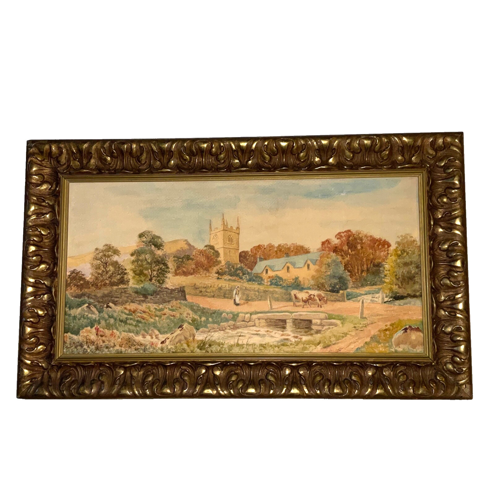 Antique 1900s landscape original PAINTING watercolor hand painted castle village