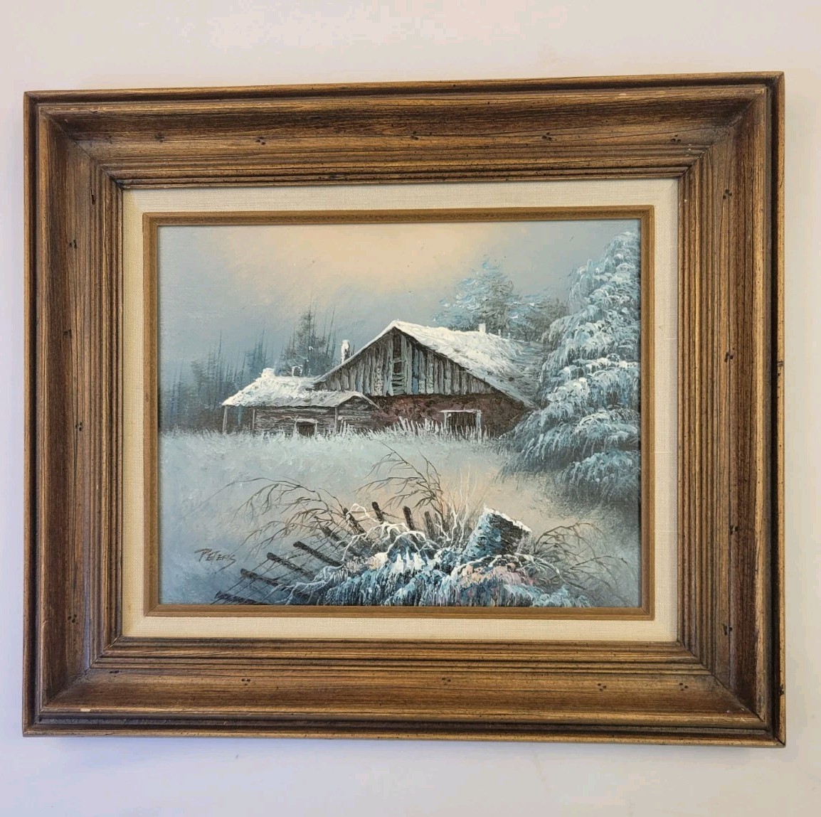 Vintage Signed Oil painting by Peters barn scene in winter framed size 13″ x 15″