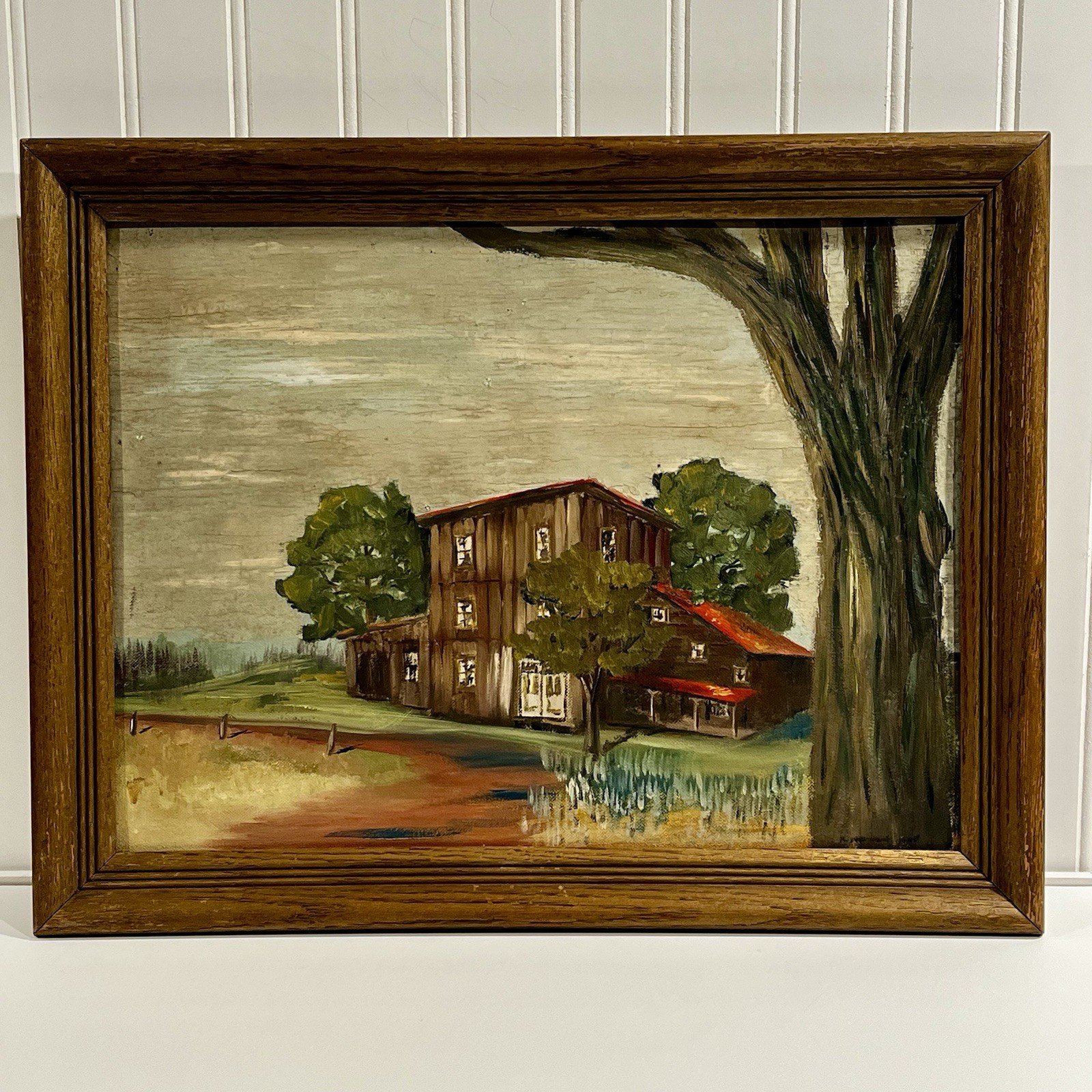 Vtg AMERICANA Homestead Landscape Oil PAINTING 18” X 14.5” FRAMED ART MCM Signed