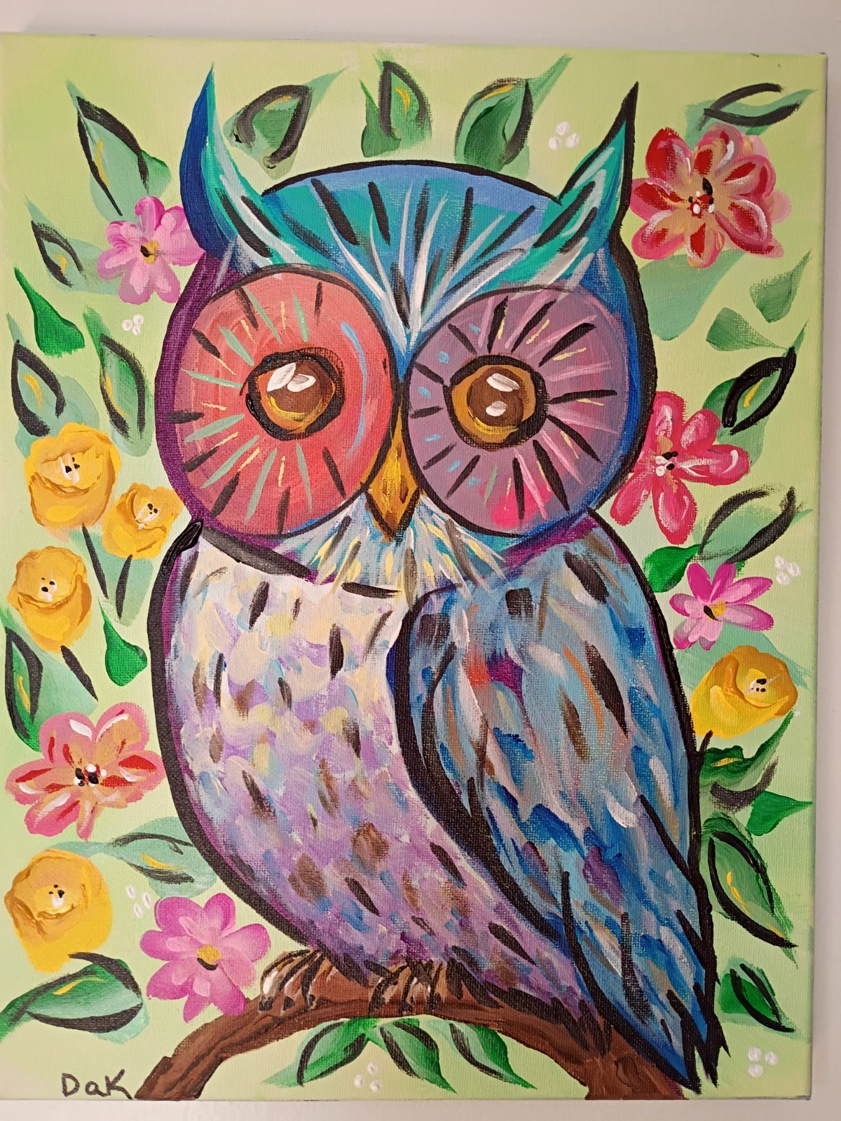 Floral Owl 11×14 Canvas Original Art Expressionism Abstract Night Bird For Kids