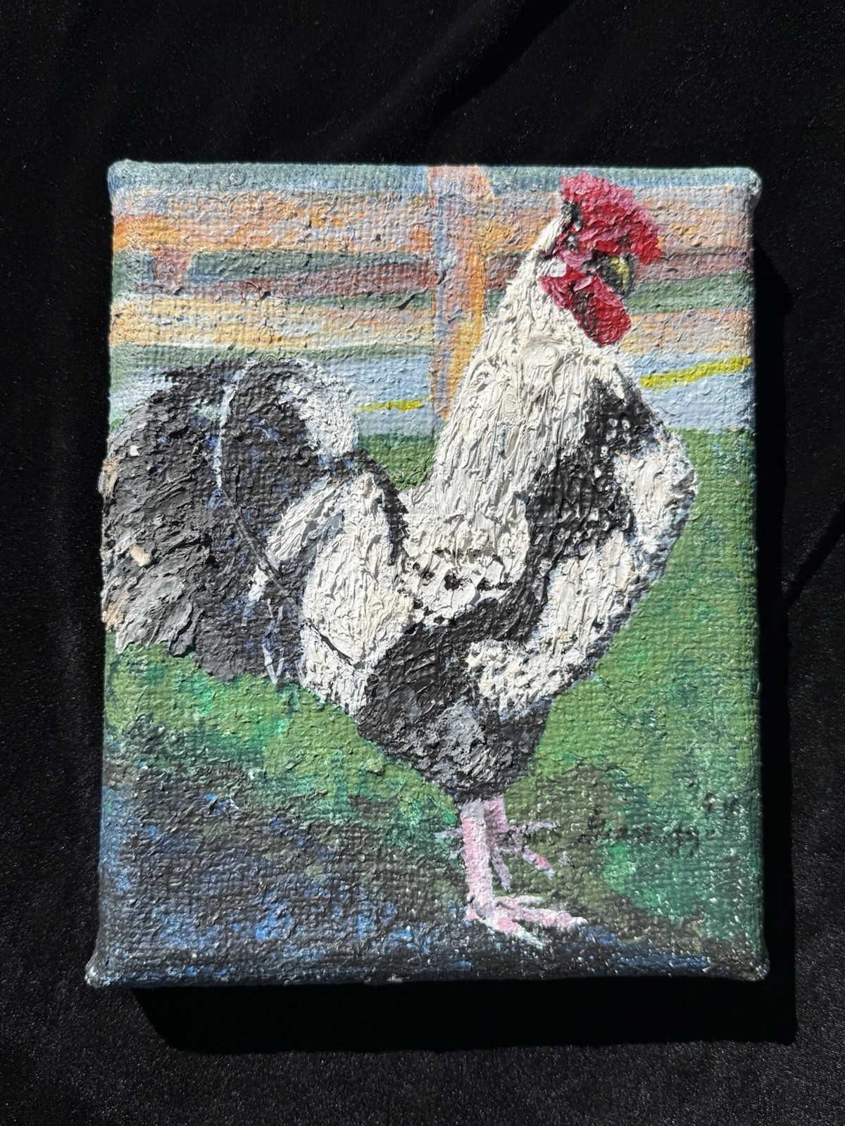 Vintage Vernacular Art Rooster Oil Painting Impasto Barred Rock Chicken Rustic