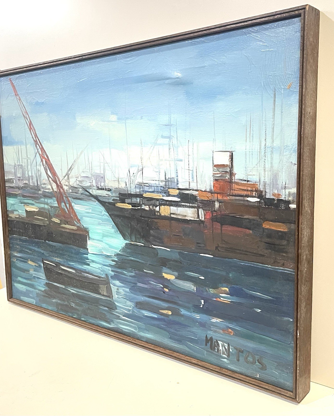 Vintage Harbor Shipyard Nautical Scene Painting On Canvas Framed Signed