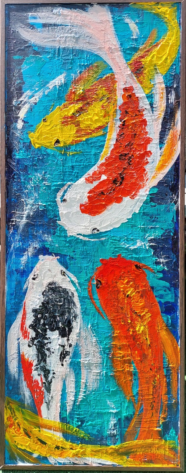 Acrylic original painting on board size 31x12x1.5 inches FRAMED SIGNED Koi pond