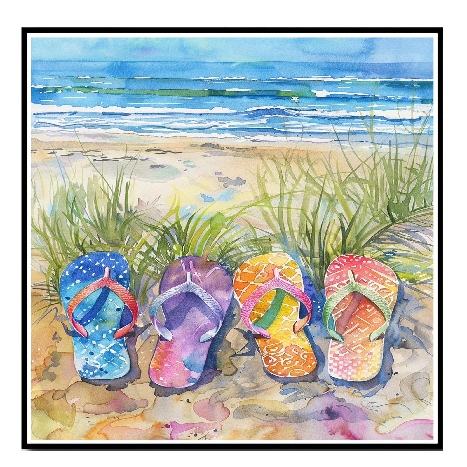 Colorful Flip Flops in Beach Grass by Ocean Shore Watercolor Summer Coastal Art
