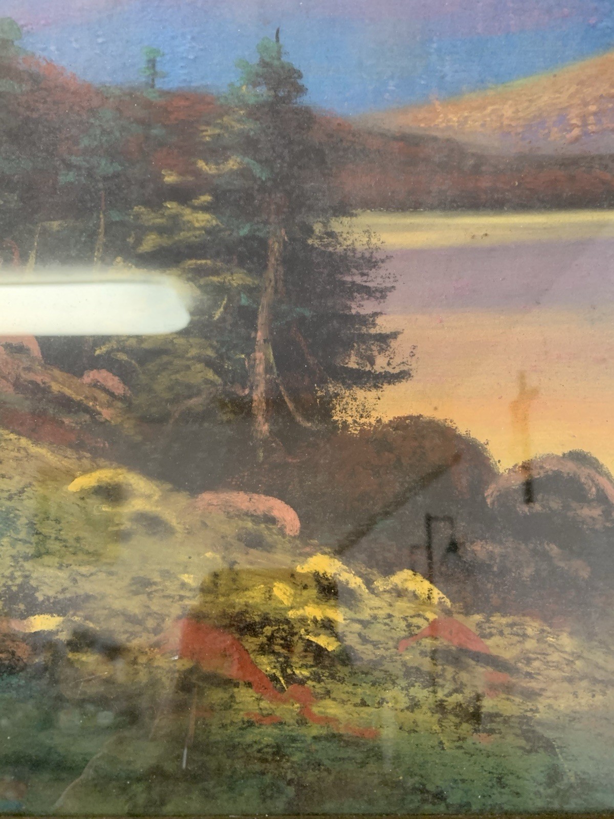 Antique Original Pastel Painting On Cardboard Landscape Mountain Lake Signed