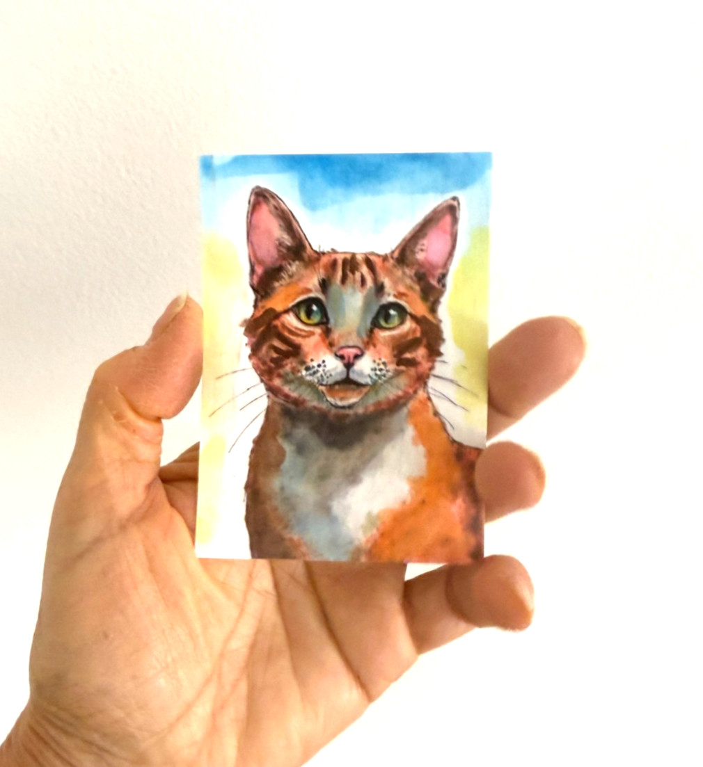 Original Cat ACEO Watercolor Painting OOAK Orange Tabby Portrait Miniature Art