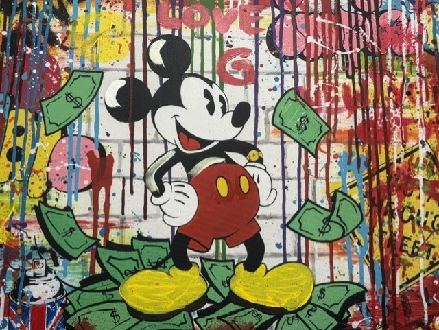Nastya Rovenskaya- Hand Signed Original Acrylic on Canvas “Mickey Mouse Money”