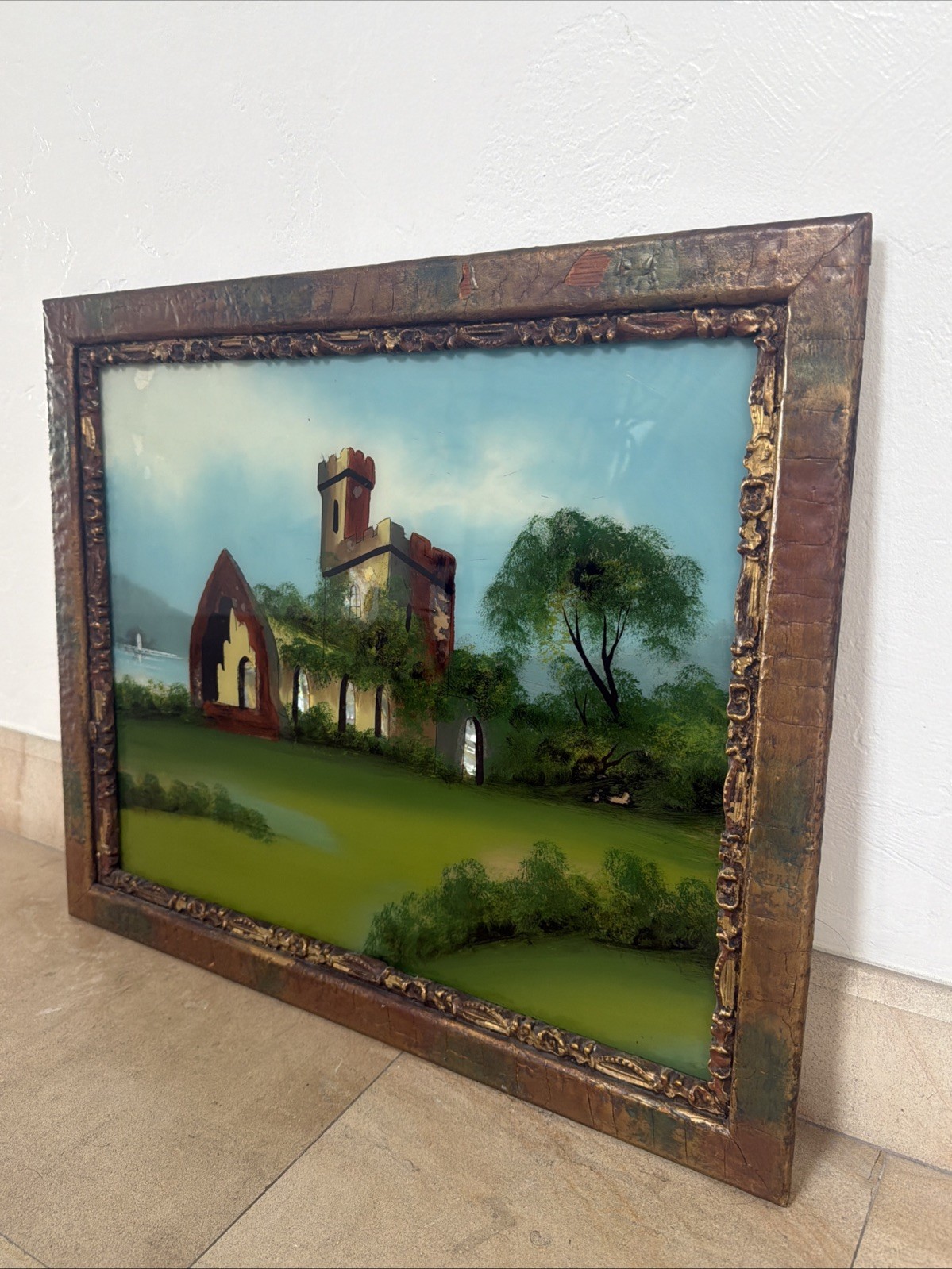 Vintage Framed Church Art Reverse Painted Glass Ornate MOP Details SEE PHOTOS