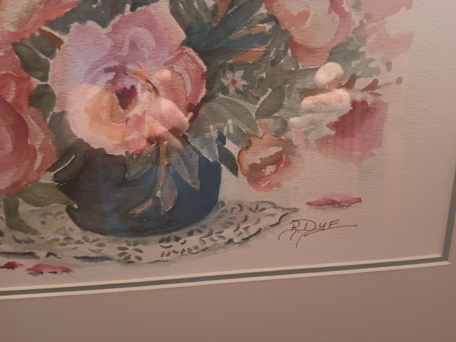 Original Signed Watercolor Doubled Matted Framed Beautiful Pink Roses and Greens