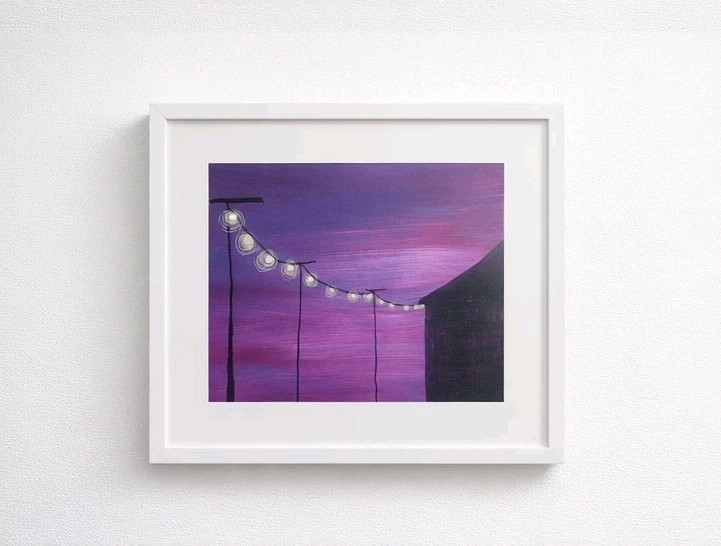 Purple Sunset String Lights Nocturn 11×14 Original Acrylic Painting Nite Sky Art