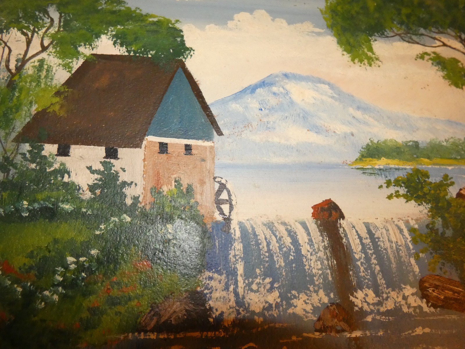 Watermill Original Oil Painting on Vintage Heavy Pressed Cardboard Lady Sketch