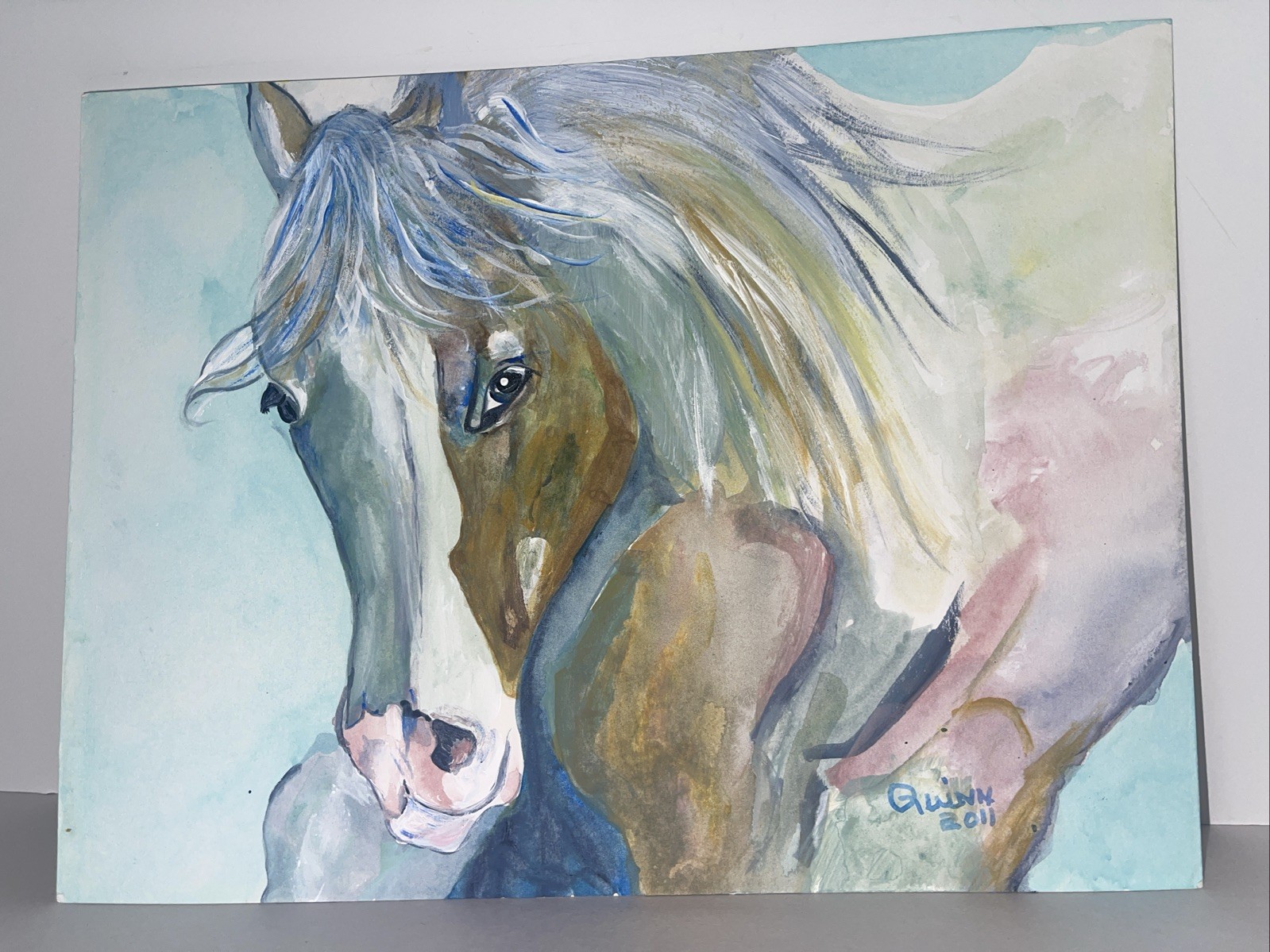 Original Painting Horse Portrait Watercolor Signed Quinn 2011 Dated 9×12”