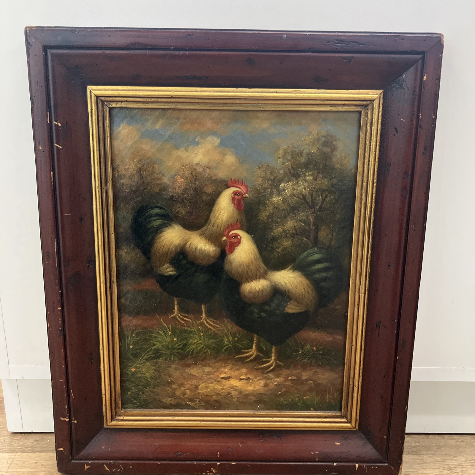 Pierre Deux French Country Roosters Oil Painting Pre-owned | 18.5” x 22.5”
