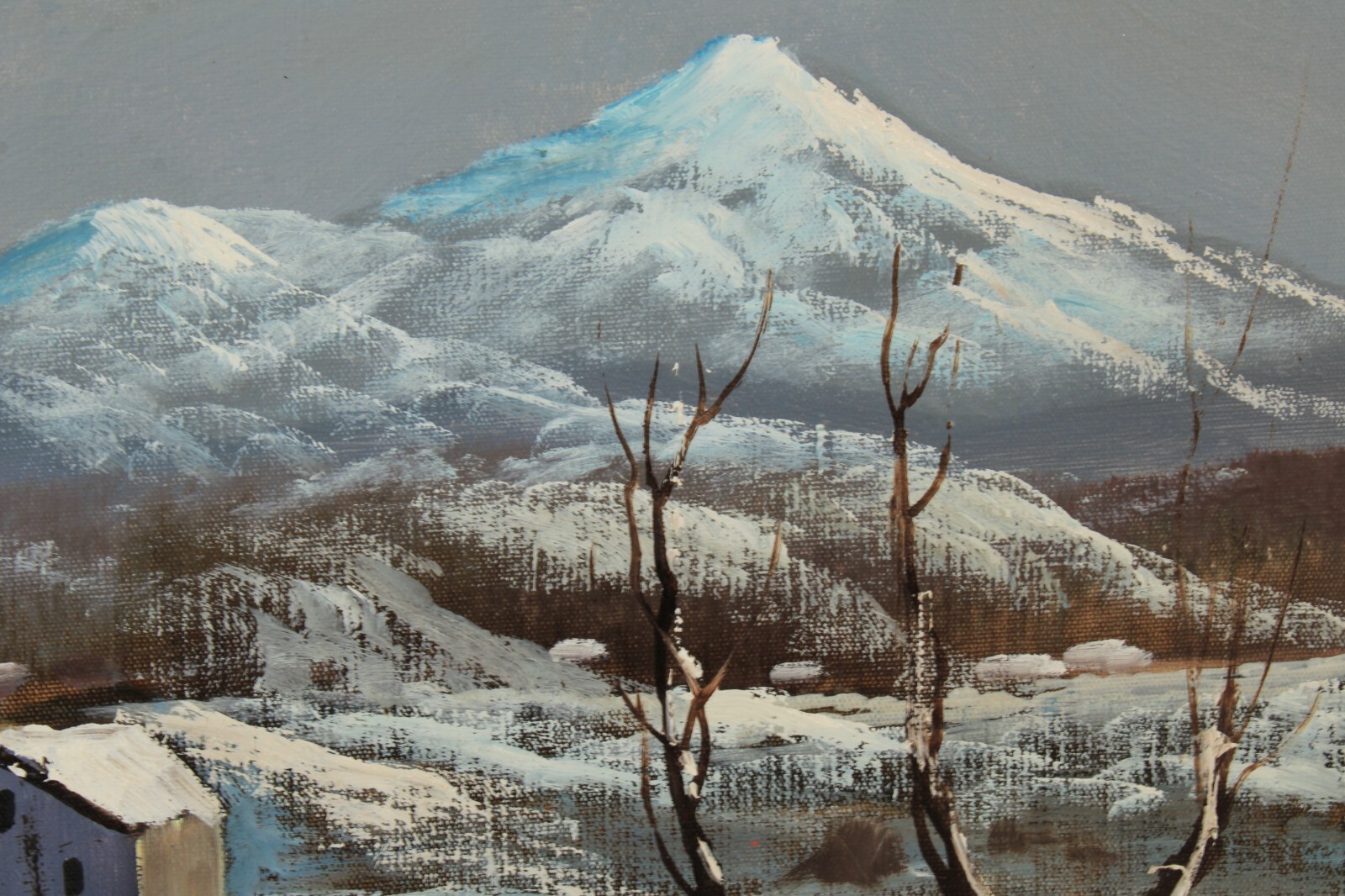 Vintage Winter Landscape Snow Cottage Scenery Oil Painting Signed Illegible