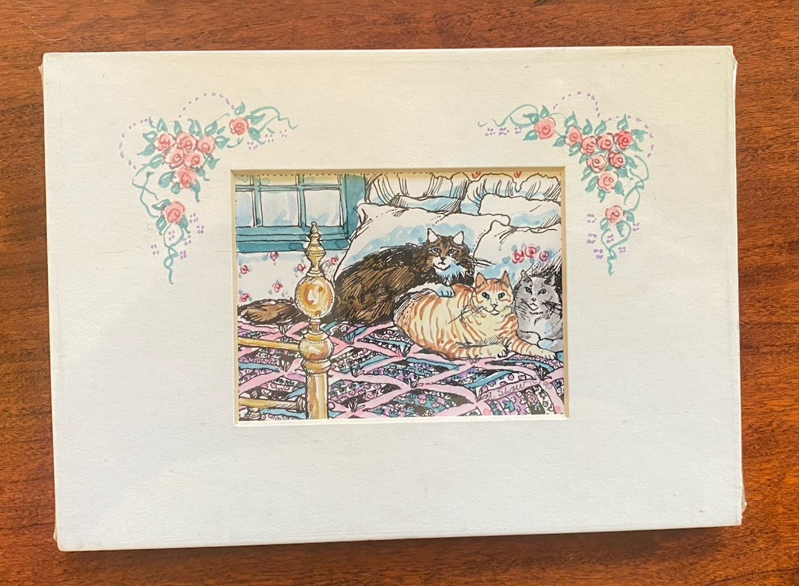 Alice Shaw Nelson Cats On Quilt Hand Painted Picture 3.5 x 2.5 Inches