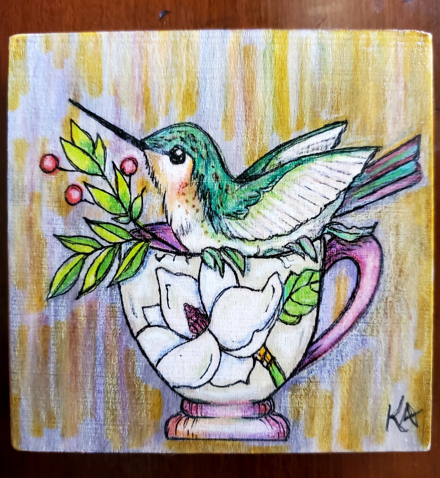 Original Art 4×4 – Hummingbird in a Teacup – Colored Pencil on Wood Panel