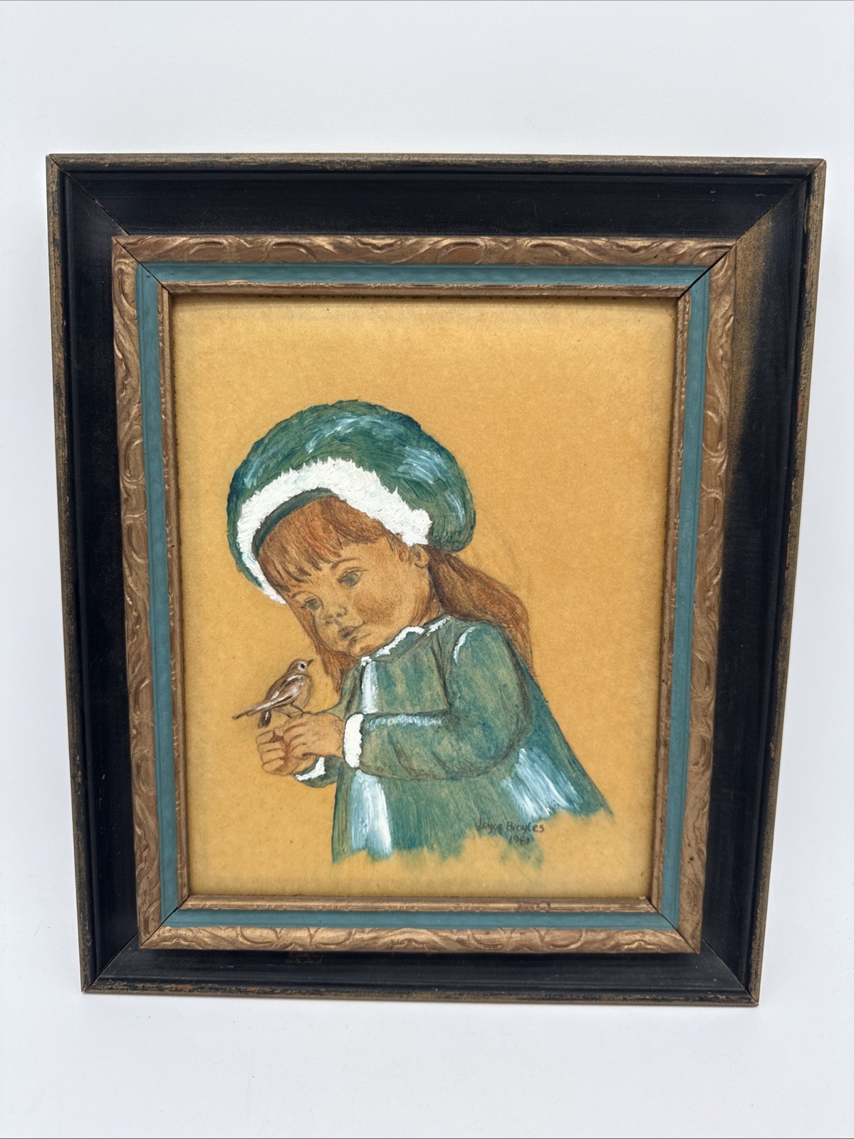 Joyce Broyles 1981 Painting of Little Girl With Bird Frame Approx 13.25″x11.25″